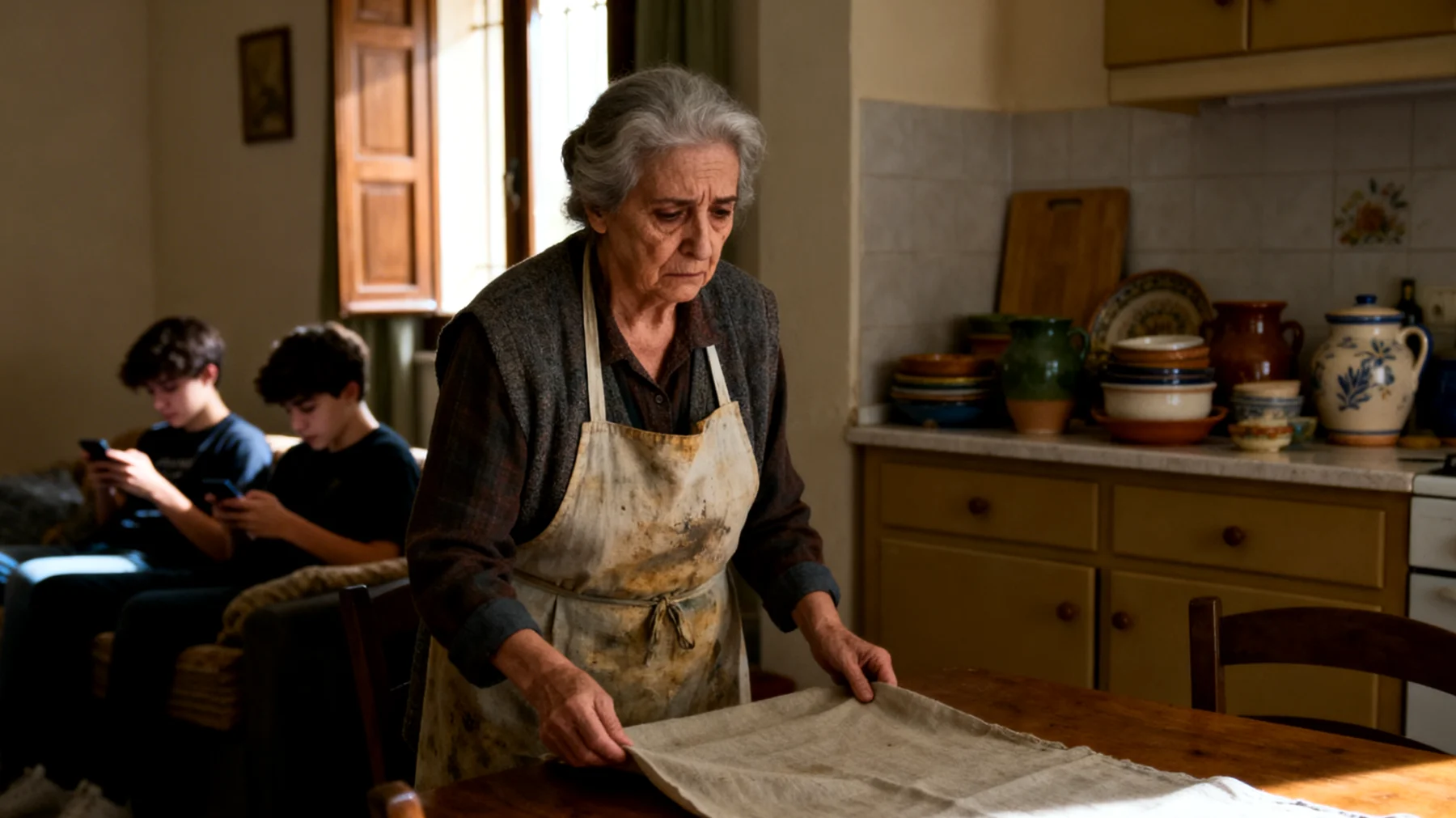 Nonna che fatica a coinvolgere i nipoti adolescenti nelle attività quotidiane come apparecchiare, riordinare o aiutare in casa, trovandosi spesso a fare tutto da sola mentre loro restano sui dispositivi o mostrano disinteresse"