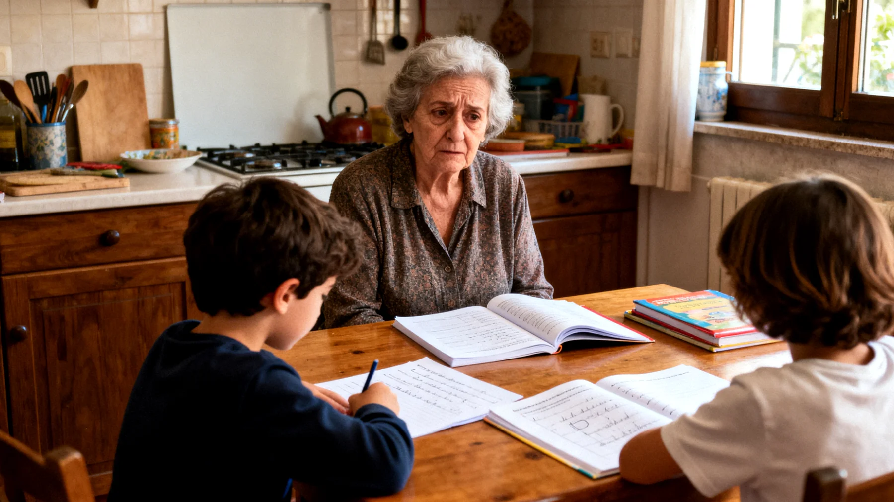 La nonna si trova in difficoltà nel motivare i nipoti bambini allo studio e alle attività scolastiche quando li accudisce, sentendosi inadeguata di fronte alla loro svogliatezza e al rifiuto dei compiti"