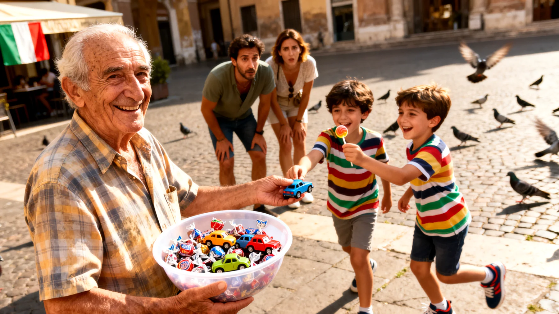 Il nonno che, per paura di perdere l'affetto dei nipoti bambini o di creare conflitti, cede a ogni loro richiesta, evita di stabilire regole e concede tutto (dolci, giochi, orari) compromettendo l'equilibrio educativo stabilito dai genitori"