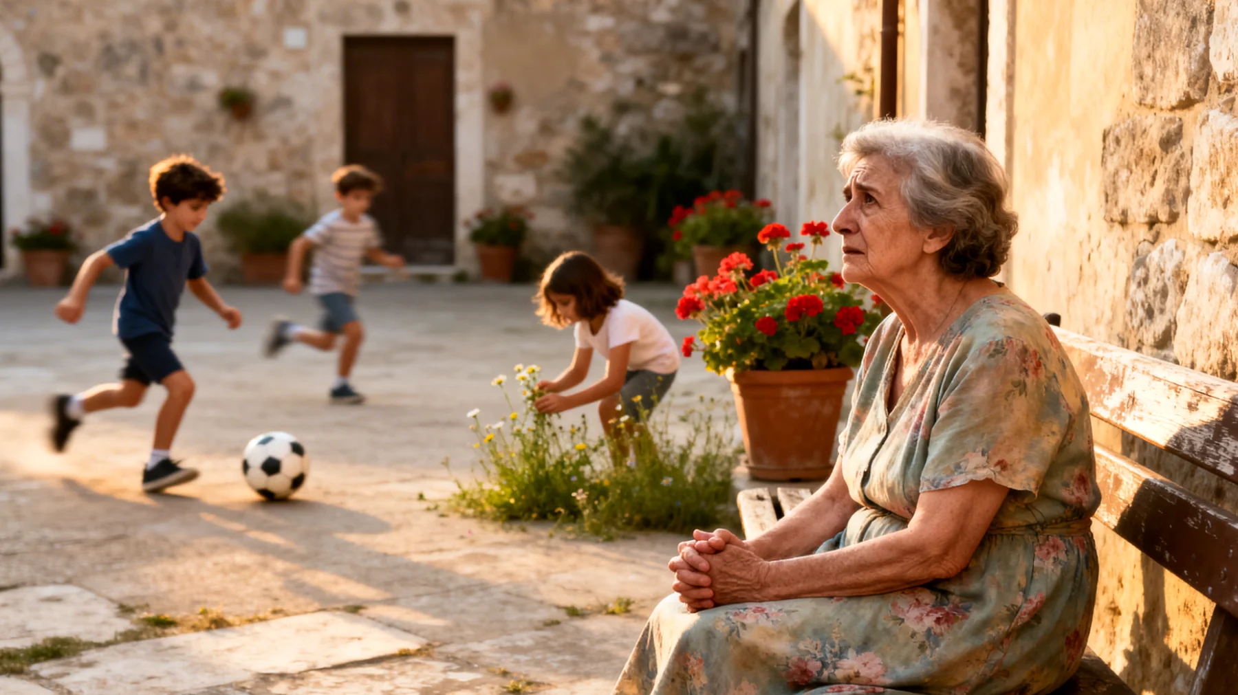 Nonna preoccupata per il futuro dei nipoti bambini in un mondo incerto, con ansia per le opportunità che avranno e timore di non poterli proteggere abbastanza"